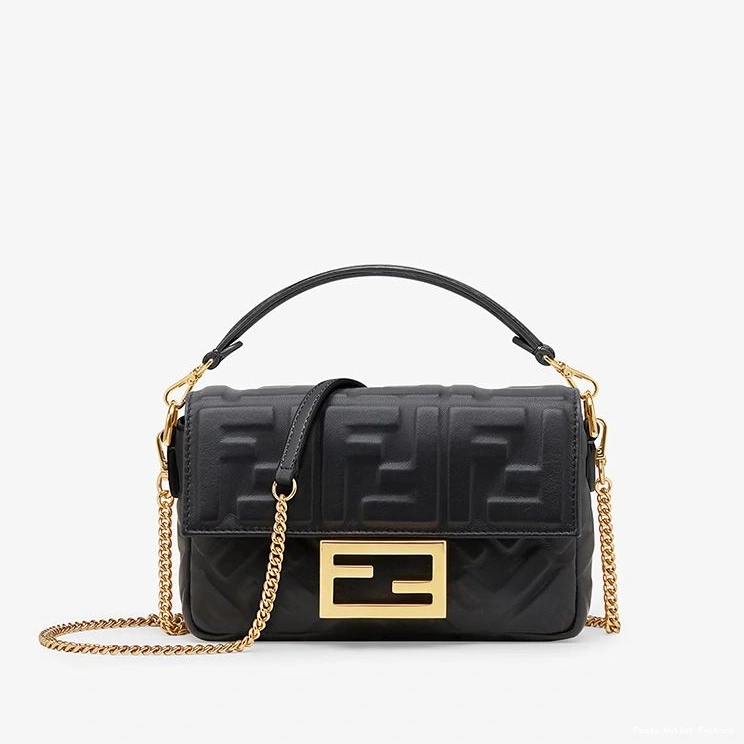 Affordable HOT Mini Nappa Leather Baguette FF Bag In Fendi Motif Black 0824
